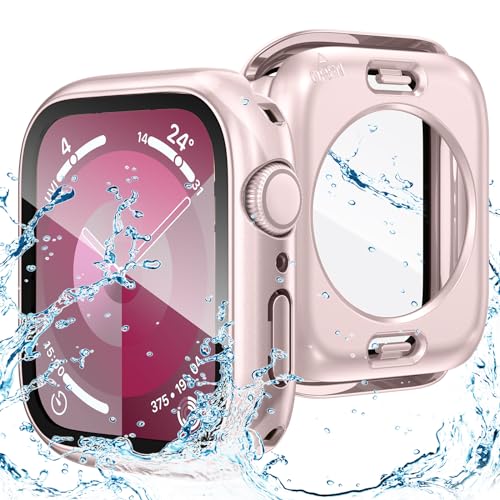 Goton 2 in 1 Wasserdichte Hülle für Apple Watch Series 9 8 7 45mm Displayschutzfolie, 360 Schutzglas Gesichtsabdeckung Harter PC Bumper + Rückrahmen für iWatch 9/8/7 Zubehör 45mm, Original Rosa von Goton