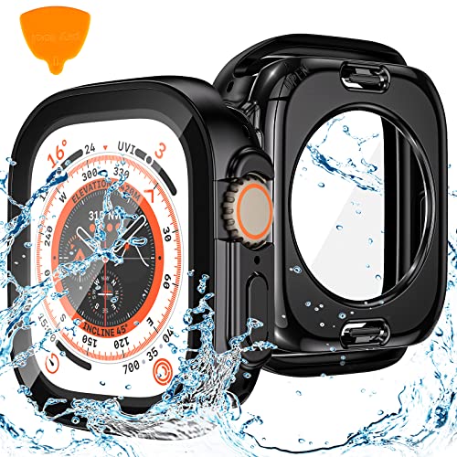 Goton 2 in 1 Wasserdichte Hülle für Apple Watch Ultra Displayschutzfolie 49 mm, 360 Schutzglas Gesichtsabdeckung Harter PC Bumper + Rückrahmen für iWatch Ultra Zubehör 49 mm, Schwarz von Goton