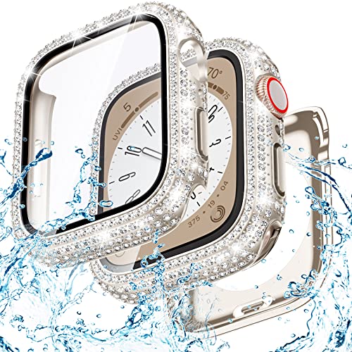 Goton 2 in 1 wasserdichte Bling Hülle für Apple Watch 44 mm Displayschutzfolie SE (2nd Gen) Series 6 5 4, Full Glitter Diamant Strass Bumper Face Cover für iWatch Zubehör Frauen 44mm Starlight von Goton