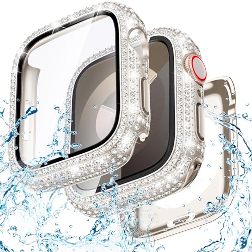 Goton 2 in 1 wasserdichte Bling Hülle für Apple Watch Series 8 & Series 7 45mm Displayschutzfolie, Full Glitter Diamant Strass Bumper Gesichtsabdeckung für iWatch Zubehör Frauen 45mm Sternenlicht von Goton