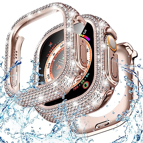 Goton 2 in 1 wasserdichte Bling Hülle für Apple Watch Ultra Displayschutzfolie 49mm, Full Glitter Diamond Rhinestone Bumper Face Cover für iWatch Ultra Ultra2 Zubehör 49mm Original Roségold von Goton