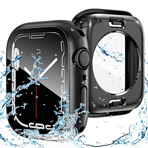 Goton 2 in 1 wasserdichte Hülle für Apple Watch Series 9 8 7 Displayschutzfolie 45 mm, 360 Grad Schutzglas Gesichtsabdeckung Hard PC Bumper + Rückseite Rahmen für iWatch Zubehör 45 mm, Schwarz von Goton