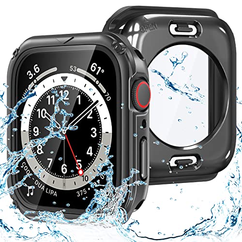 Goton 2 in 1 wasserdichte robuste Smartwatch Hülle für Apple Watch Displayschutzfolie 40mm Series 6 5 4 SE, 360 Schutzglas Gesichtsabdeckung Hard PC Bumper + Rückrahmen für iWatch Zubehör 40mm Schwarz von Goton