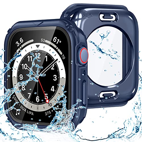 Goton 2 in 1 wasserdichte robuste Hülle für Apple Watch Displayschutzfolie 44mm Series 6 5 4 SE, 360 Schutzglas Gesichtsabdeckung Hard PC Bumper + Rückrahmen für iWatch Zubehör 44mm Blau von Goton