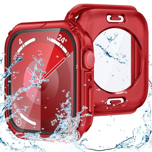 Goton 2 in 1 wasserdichte robuste Hülle für Apple Watch Series 8 Series 7 45mm Displayschutzfolie, 360 Schutzglas Gesichtsabdeckung Hard PC Bumper + Rückrahmen für iWatch 7 8 Zubehör 45mm Rot von Goton