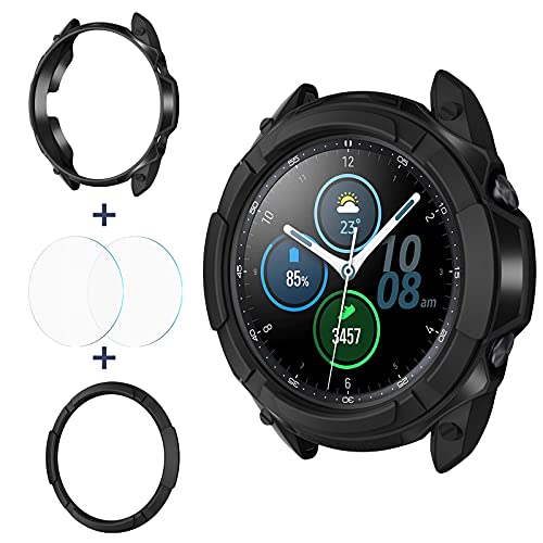 Goton 3-in-1 Zubehör für Samsung Galaxy Watch 3 45 mm, 1 robuste TPU-Schutzhülle + 2 Displayschutzfolien aus gehärtetem Glas + 1 Ring für Galaxy Watch 3 45 mm (schwarz, 45 mm) von Goton