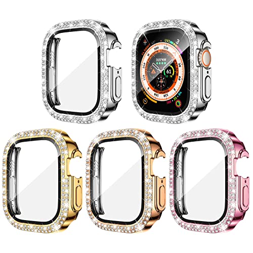 Goton 4 Stück für Apple Watch Series Ultra 49 mm Displayschutzfolie Bling Case, Frauen Glitzer Diamant Strass Gesichtsabdeckung für iWatch Zubehör 49 mm Silber Gold Rose Gold Rosa von Goton