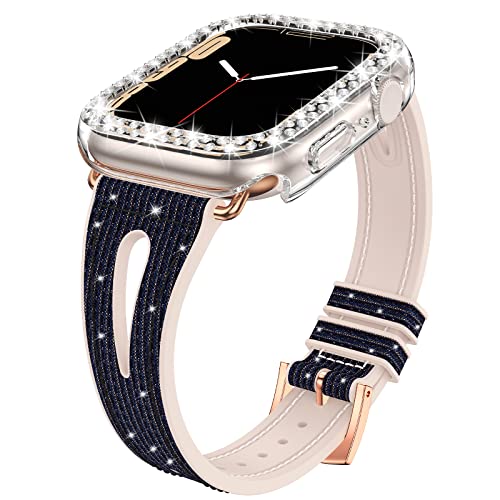 Goton Bling Band + Hülle für Apple Watch Armbänder 45 mm 44 mm 41 mm 40 mm 38 mm Series 9 8 7 SE 6 5 4 3 2 1, Frauen Glitzer Silikon dünnes Armband + Stoßfängerabdeckung für iWatch Zubehör 41 mm von Goton