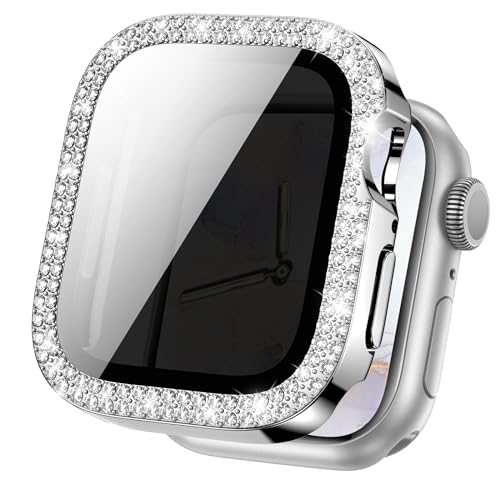 Goton Bling Privacy Displayschutzfolie für Apple Watch Hülle 44mm Serie 6 5 4 SE 2nd für Frauen, Glitzer Diamant Strass Gesichtsabdeckung für iWatch Zubehör 44mm, Silber von Goton