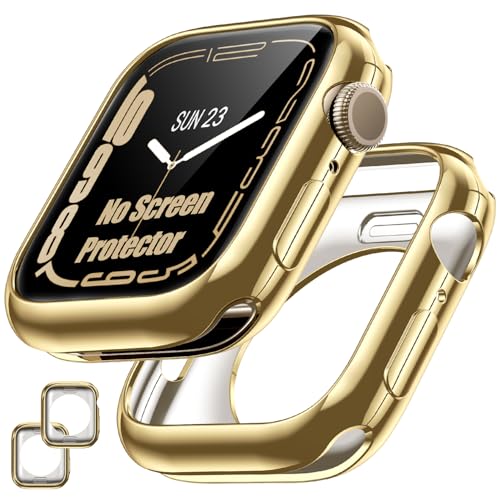 Goton Stoßstangen-Schutzhülle für Apple-Watch-Serie 9, 8, 7, 45 mm, ultradünn, weich, TPU, stoßfest, Stoßstangenschutz für iWatch-Zubehör (ohne Displayschutzfolie), 45 mm, Gold + Gold, 2 Stück von Goton