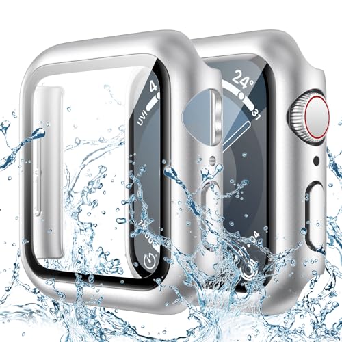 Goton Wasserdichtes Gehäuse kompatibel mit Apple Watch 38 mm Serie 3/2/1 mit Displayschutzfolie aus gehärtetem Glas, Gesichtsabdeckung für Männer und Frauen (38 mm, Silber) von Goton