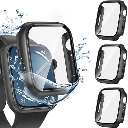 Goton wasserdichte Schutzhülle für Apple-Watch-Serie 9, 8, 7, 45 mm, harte PC-Stoßfängerabdeckung mit [Ultra-HD] gehärtetem Glas, Displayschutzfolie für iWatch-Abdeckung, Zubehör, 3 Stück von Goton