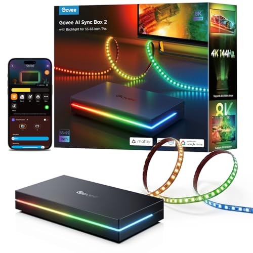 Govee HDMI 2.1 Sync Box AI Kit 2, inkl. TV Hintergrundbeleuchtung, unterstützt 8K@60Hz, 4K@144Hz, VRR und ALLM, funktioniert mit Matter, RGBIC LED Strip für 55-65 Zoll Fernseher, 75 LEDs/m Govee HDMI 2.1 Sync Box AI Kit 2, inkl. TV Hintergrundbeleuchtung, unterstützt 8K@60Hz, 4K@144Hz, VRR und ALLM, funktioniert mit Matter, RGBIC LED Strip für 55-65 Zoll Fernseher, 75 LEDs/m von Govee