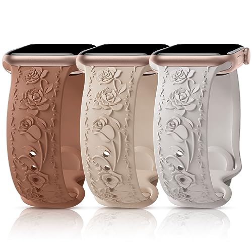 3 Stück Floral Gravierte Armband Kompatibel mit Apple Watch Band 40mm 41mm 38mm 42mm 44mm 45mm 49mm, Silikon Rose Ersatzarmband Kompatibel mit iWatch Armband Se Ultra 9 8 7 6 5 4 3 2 1 38BMS von GrTrees