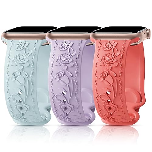 3 Stück Floral Gravierte Armband Kompatibel mit Apple Watch Band 40mm 41mm 38mm 42mm 44mm 45mm 49mm, Silikon Rose Ersatzarmband Kompatibel mit iWatch Armband Se Ultra 9 8 7 6 5 4 3 2 1 38GPC von GrTrees