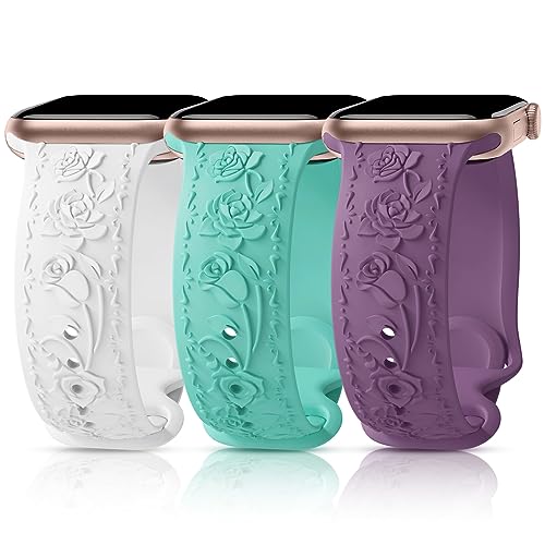 3 Stück Floral Gravierte Armband Kompatibel mit Apple Watch Band 40mm 41mm 38mm 42mm 44mm 45mm 49mm, Silikon Rose Ersatzarmband Kompatibel mit iWatch Armband Se Ultra 9 8 7 6 5 4 3 2 1 38PBT von GrTrees