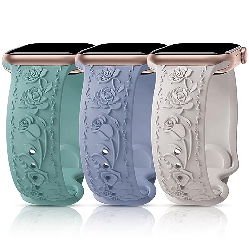 3 Stück Floral Gravierte Armband Kompatibel mit Apple Watch Band 40mm 41mm 38mm 42mm 44mm 45mm 49mm, Silikon Rose Ersatzarmband Kompatibel mit iWatch Armband Se Ultra 9 8 7 6 5 4 3 2 1 38SBG von GrTrees