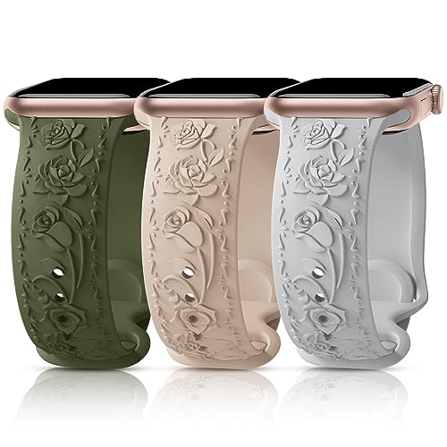 3 Stück Floral Gravierte Armband Kompatibel mit Apple Watch Band 40mm 41mm 38mm 42mm 44mm 45mm 49mm, Silikon Rose Ersatzarmband Kompatibel mit iWatch Armband Se Ultra 9 8 7 6 5 4 3 2 1 42AMG von GrTrees