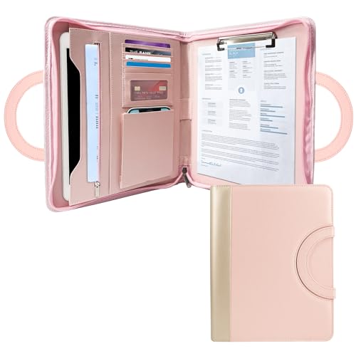 GraduatePro Schreibmappe A4 Leder Dokumentenmappe Business Tablet Mappe Ordner Klemmbrettmappe mit Deckel Organizer Reißverschluss Portfolio Rosa von GraduatePro