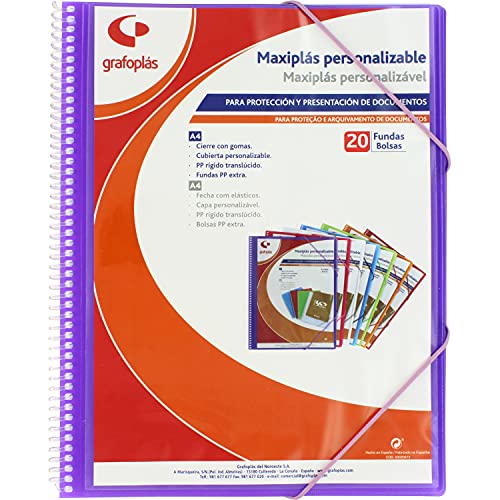 Grafoplás 39842035 Maxi-Plastik-Mappe mit Spiralbindung, 20 transparente Hüllen, 30,8 x 24 x 14 cm, Violett von Grafoplás
