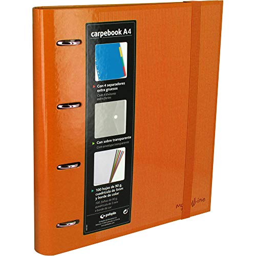 Grafoplás 88102052-carpeta Ringe Schlitzstanzung A4 mit Umschlag transparent, 6 Fächern und 140 Blatt, orange, 4 Ringe 35 mm, Verschluss aus Gummi von Grafoplás