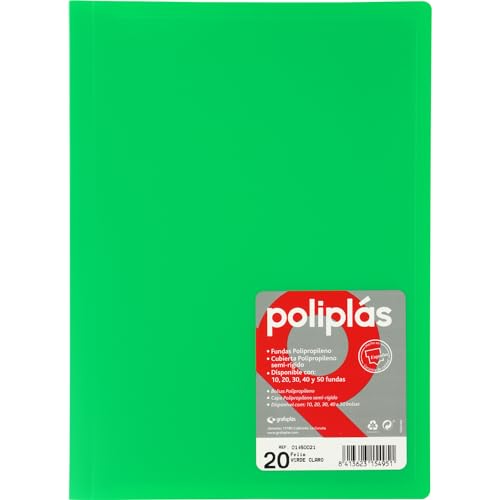 Grafoplas I Ordner mit Kunststoffhüllen I 20 transparente Hüllen I Größe DIN A4 Grün I Serie Polyplas Blickdicht I Hergestellt in Spanien I Flexibler Deckel I Große Kapazität von Grafoplás