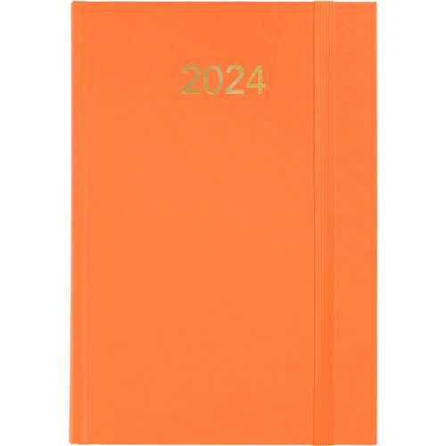 Grafoplás | Jahresplaner Tag Seite 2024 | Orange | 14,5 x 21 cm | gepolsterte Einband aus Vinyl | Gummiverschluss vertikal | Lesezeichen | Serie Florenz von Grafoplás