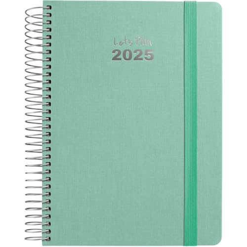 Grafoplas - Kalender 2025, Wochenansicht, A6, Modell Fancy | Mint | Spanisch | Spiralbindung | fester Einband, elastischer Verschluss, von Januar bis Dezember, inklusive Aufklebern und Botschaften | von Grafoplás