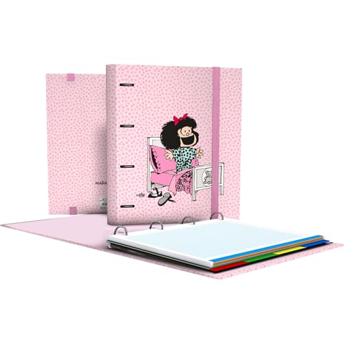 Grafoplás Ordner A4 mit gestanzten Ringen mit Nachfüllung und Trennblättern | Mafalda Morning | Blatt 90 g kariert 5 x 5 farbiger Rand | transparenter Umschlag | Ordner | perfektes Schulmaterial von Grafoplás