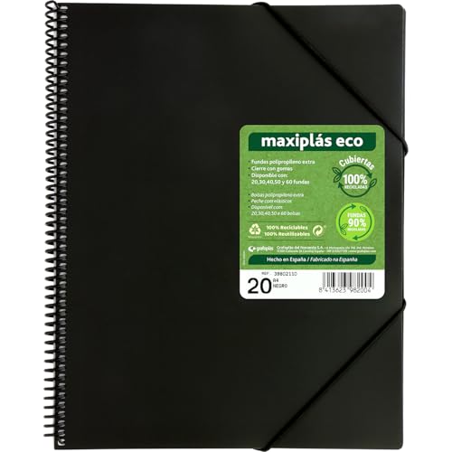 Grafoplás Ordner aus Kunststoff A4 Maxiplas ECO | 20 transparente Hüllen aus 90% recyceltem Polypropylen | 100% recycelter flexibler Einband | inklusive Umschlag | Gummizugverschluss | idealer von Grafoplás