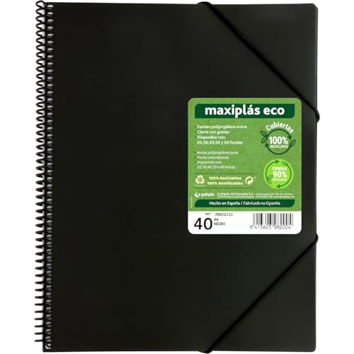 Grafoplás Ordner aus Kunststoff A4 Maxiplas ECO | 40 transparente Hüllen aus 90% recyceltem Polypropylen | 100% recycelter flexibler Einband | inklusive Umschlag | Gummizugverschluss | idealer von Grafoplás