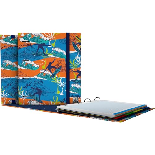 Grafoplás Ordner mit 4 Ringen A4 | Hawaii Bits&Bobs Pop Up Desing | inklusive 5 x 5 kariertem Rand | 90 g | Trennblätter | transparenter Umschlag | ergonomischer gebogener Rücken | Ordner von Grafoplás