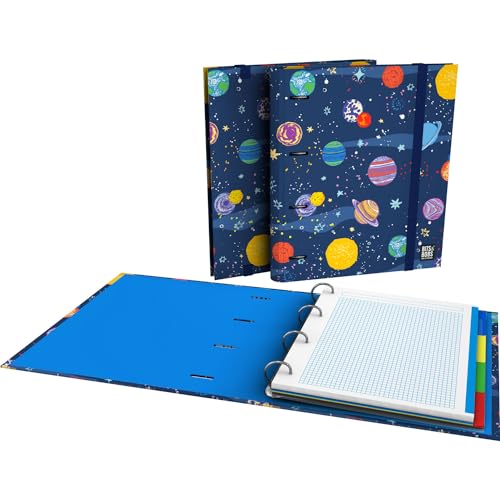 Grafoplás Ordner mit 4 Ringen A4 | Space Bits&Bobs Pop Up Desing | inklusive kariertem 5 x 5 Rand Farbe 90 g | Trennblätter | transparenter Umschlag | ergonomischer gebogener Rücken | Ordner von Grafoplás