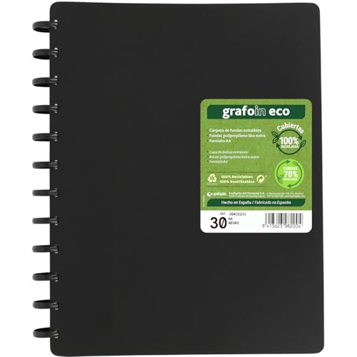 Grafoplas Ordner mit herausnehmbaren Hüllen Grafo in ECO A4, 30 Einsätze, glattes Polypropylen, extra 70% recycelt, fester Einband, 100% recycelt, ermöglicht einfaches Einlegen und Austauschen von von Grafoplás