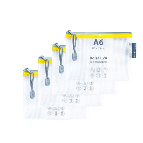 Grafoplas Packung mit 4 Reißverschlusstaschen aus EVA A6, aus transparentem EVA-Gummi, gelber Reißverschluss, ideal für den Transport aller Arten von kleinen Gegenständen, Dokumenten, Kosmetika oder Grafoplas Packung mit 4 Reißverschlusstaschen aus EVA A6, aus transparentem EVA-Gummi, gelber Reißverschluss, ideal für den Transport aller Arten von kleinen Gegenständen, Dokumenten, Kosmetika oder von Grafoplás