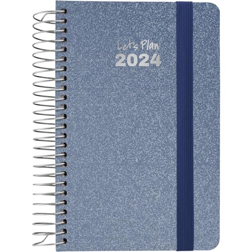 Grafoplás | Tagesplaner A6 | 2024 | Spanisch | 10,5 x 16,5 cm | Hardcover | metallisierter Stoffbezug | elastischer Verschluss | Arctic Blue | Serie Metallic von Grafoplás