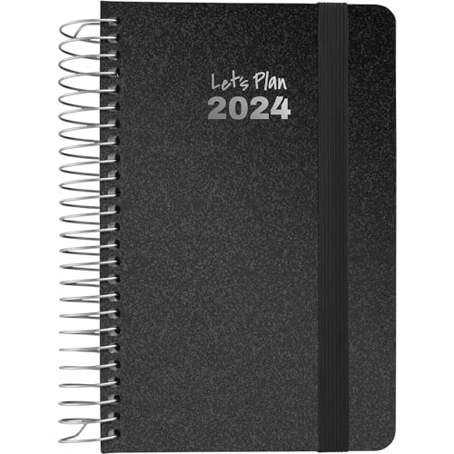 Grafoplás | Wochenansicht 2024 | Schwarz | A6 | Spanisch | Metallic-Serie | Spiralbindung | Hardcover mit Stoff ausgekleidet | elastischer Verschluss | Januar bis Dezember Jahr 24 | Perfekt zum von Grafoplás