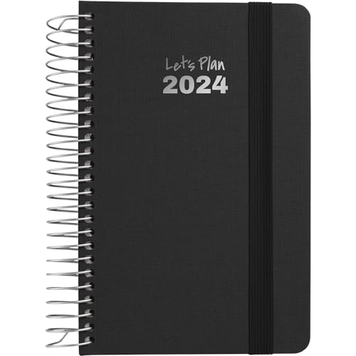 Grafoplás | Wochenansicht 2024 | Schwarz | A6 | Spanisch | Spiralbindung | Hardcover mit Stoff gefüttert | elastischer Verschluss | Januar bis Dezember Jahr 24 | Fancy Serie | Perfekt zum Verwalten von Grafoplás