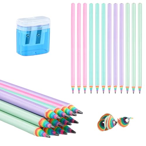 12 Stück HB Bleistifte Set, Holzbleistifte mit Spitzer, Graphitstift Regenbogen, Pencils Härtegrad HB, 4 Farben für Kinder, Schule, Büro, Zeichnen von Granvoo