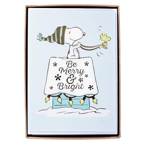 Graphique Be Merry and Bright Snoopy Weihnachtskarten – Packung mit 15 Karten mit Umschlägen – Weihnachtsgrüße – Erdnüsse – Goldfolienakzente – Innenseite unbeschriftet – Set – 12,1 x 16,8 cm von Graphique