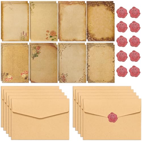 Graplan 36 Stück Vintage Briefpapier mit Umschlag, Set Vintage Schreiben, mit 10 Briefumschläge Vintage, 16 Briefpapier A5 und 10 Wachssiegel-aufkleber, für Liebesbrief, Hochzeits Einladung Grußkarten Graplan 36 Stück Vintage Briefpapier mit Umschlag, Set Vintage Schreiben, mit 10 Briefumschläge Vintage, 16 Briefpapier A5 und 10 Wachssiegel-aufkleber, für Liebesbrief, Hochzeits Einladung Grußkarten von Graplan