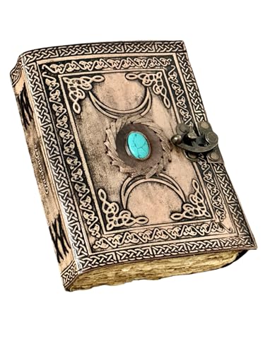 Triple Moon Leder-Tagebuch mit türkisem Stein, A5, 200 Vintage-Seiten, Messingschloss, handgefertigtes Schreibheft von GrassLanders
