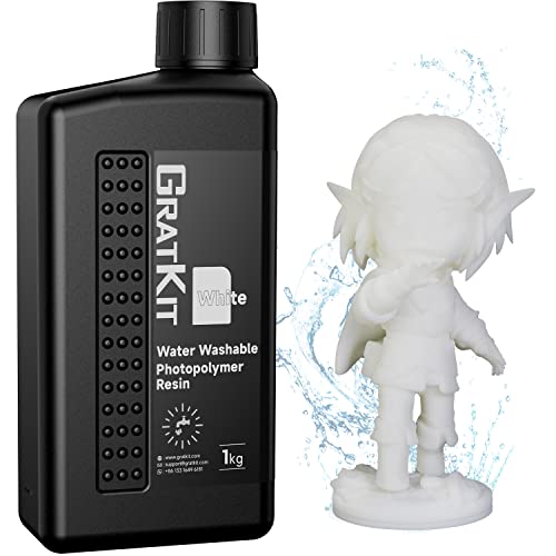 GratKit 8K Wasser Abwaschbar 3D Drucker Resin, 395-405nm UV-härtendes Harz, Aktualisierte Formel, Geringer Geruch, für 4K/8K Geeignet LCD/DLP/SLA 3D Drucker, 1000g Weiß von GratKit