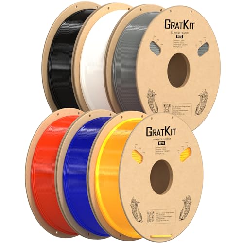 GratKit PETG Filament 1.75mm, -0.03mm, 3D Drucker Filament PETG, 6KG Spule, 3D Druck Filament PETG, 6 Packs, 6 * 1KG, Schwarz+Grau+Weiß+Rot+Transparent Blau+Transparent Gelb von GratKit