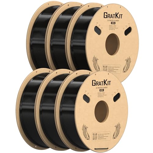 GratKit PETG Filament 1.75mm, -0.03mm, 3D Drucker Filament PETG, 6KG Spule, 3D Druck Filament PETG, 6 Packs, 6 * 1KG, Schwarz von GratKit