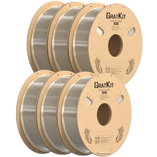 GratKit PETG Filament 1.75mm, -0.03mm, 3D Drucker Filament PETG, 6KG Spule, 3D Druck Filament PETG, 6 Packs, 6 * 1KG, Transparent von GratKit