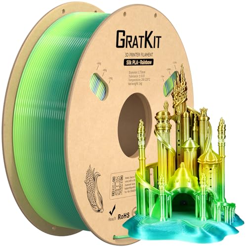 GratKit Regenbogen PLA Filament mit Seidenglanz für 1,75mm 3D-Drucker, 1kg Spule, Farbwechsel 3D-Druck Silk-Filament mit +/-0,03mm Präzision, gleichmäßige Wicklung, 1000g Wald Rainbow PLA Filament von GratKit