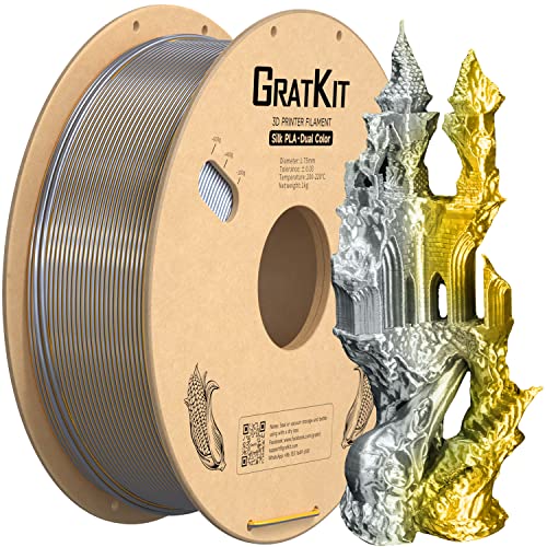 GratKit Silk Zweifarbig PLA Filament 1.75mm, -0.03mm, Coextrusion PLA Filament, 3D Drucker Filament, 1kg Spule, Dual Color PLA Filament, Seide Gold Und Silber von GratKit