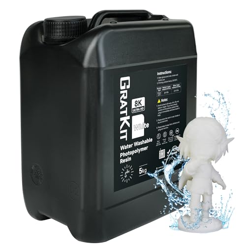 GratKit Wasserabwaschbares 3D-Drucker Resin 5000g Weiß – Verbesserte Formel, Water-Washable 405nm UV Photopolymer Harz, geruchsarm und leicht zu reinigen, kompatibel mit SLA, DLP und LCD Druckern von GratKit