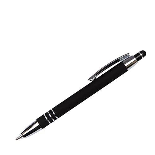 Schwarze Eleganter Kugelschreiber mit LED-Licht (leuchtender Spitze) Soft-Touchpen für Handy oder Tablet mit SOFORTGRAVUR + VORSCHAU: Gravur inklusive + Geschenkverpackung von GravUp